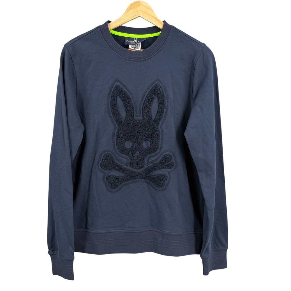 Psycho Bunny Sweatshirt Navy‎ Skull Bunny Textured Logo Crewneck Size XS New